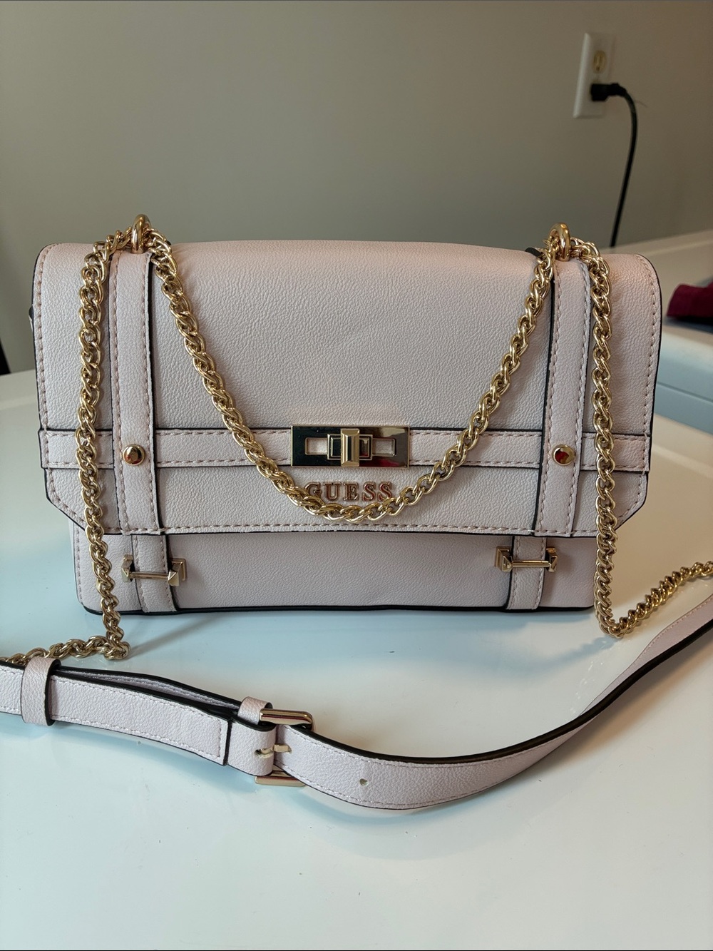 GUESS Blush Pink Chain Crossbody Bag with Gold Hardware